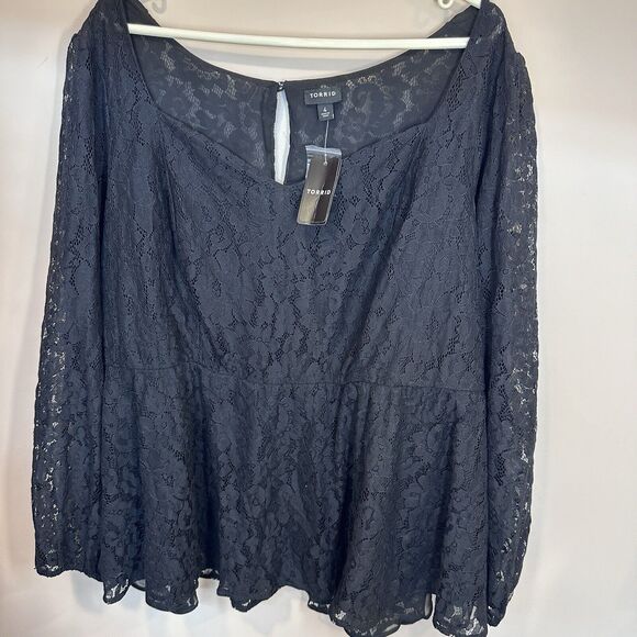 New Torrid Peplum Lace Puff Sleeve Top Size 4 Black Blouse Long Sleeve Plus - Picture 16 of 16